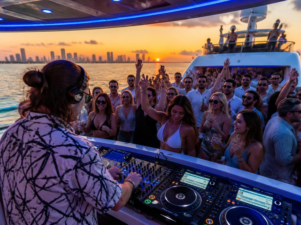 DJ playing music for guests on the deck of a yacht at sunset