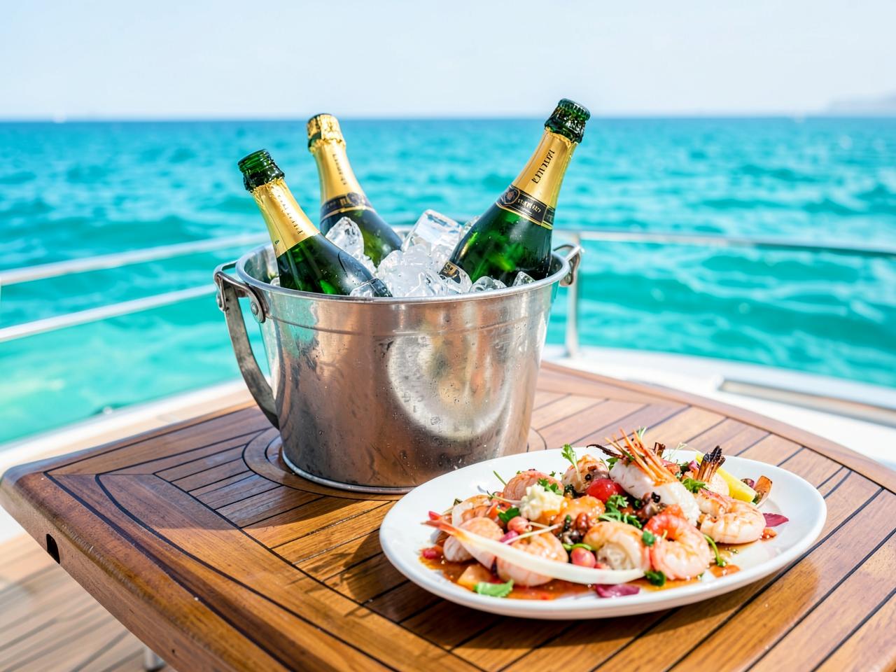 Champagne on ice and a seafood platter on a yacht table