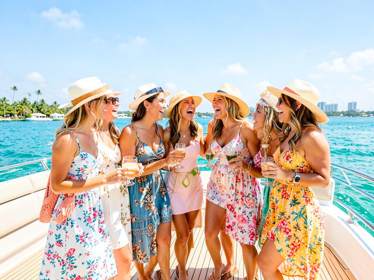 Friends celebrating with drinks on a yacht deck in Miami