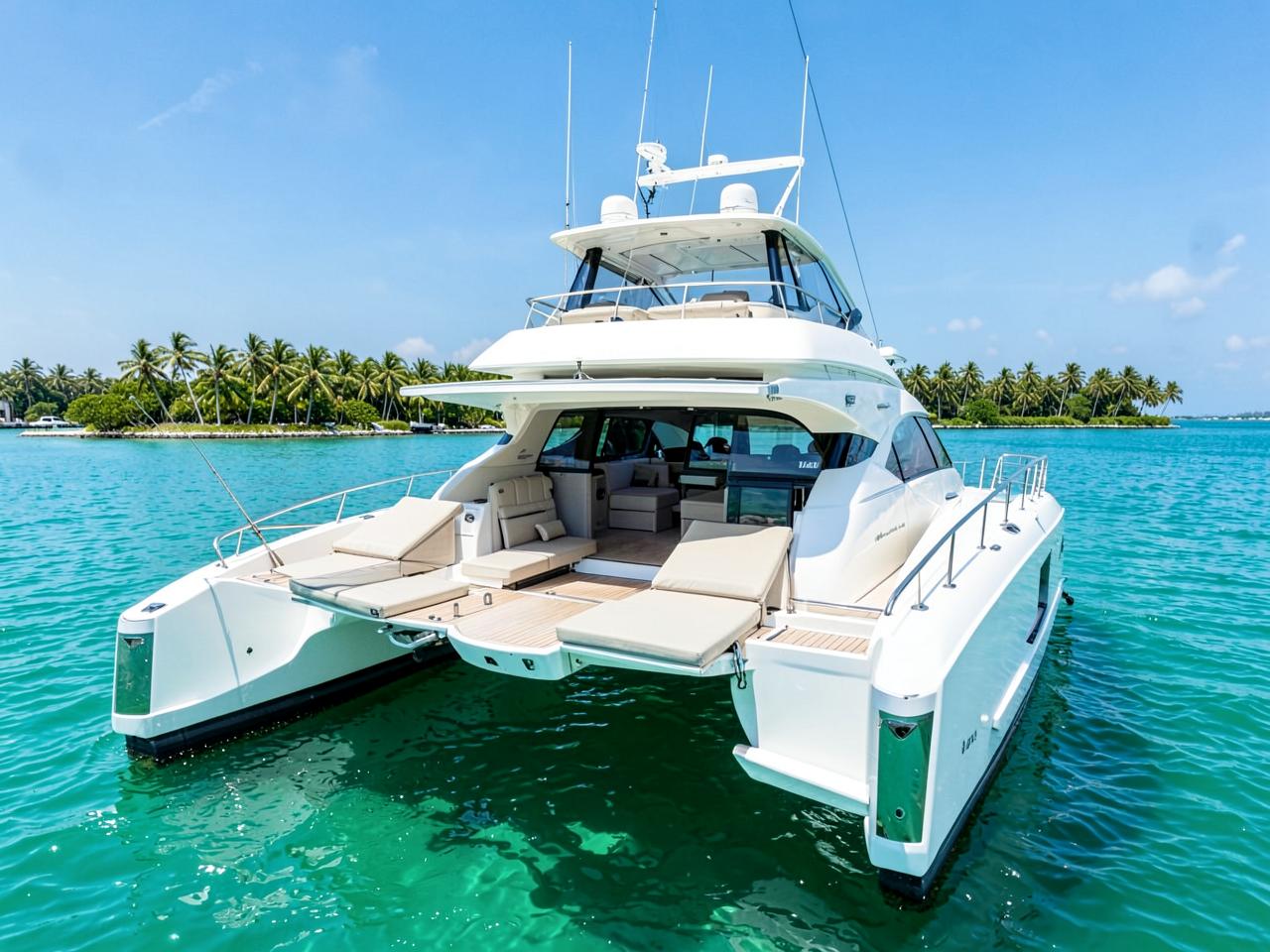 Power catamaran anchored in turquoise Miami water